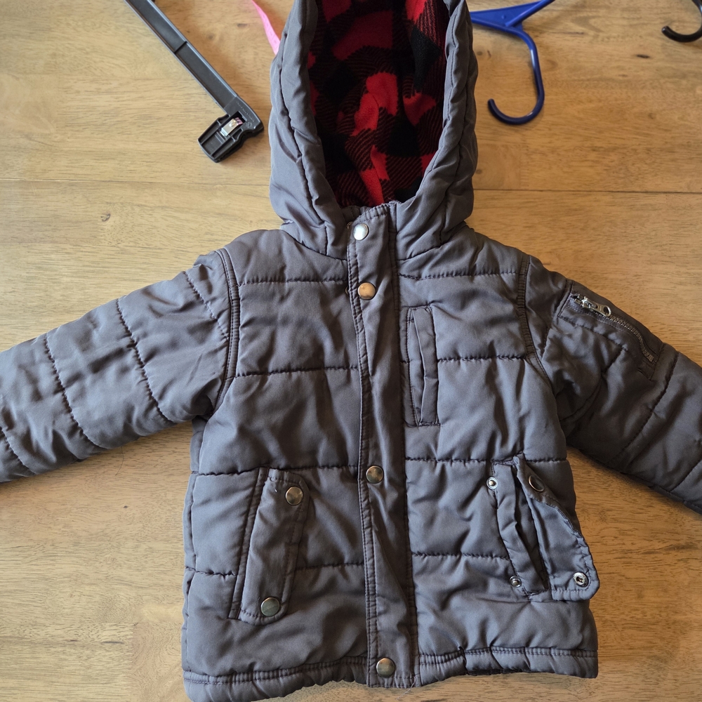OshKosh Bgosh Boys Puffer Jacket Gray Buffalo Plaid Fleece Lined Hooded Coat 4T